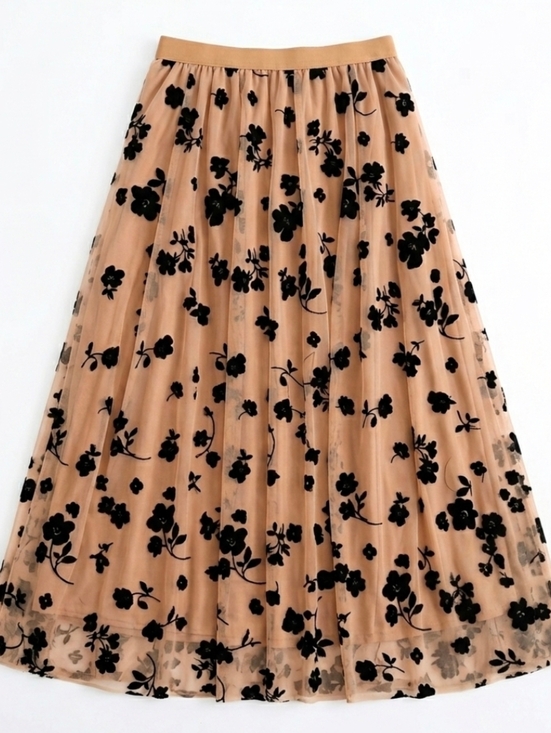 Chicwish Dresses & Skirts - Chicwish Beige Mesh Maxi Skirt with Black Floral Velvet Appliqué